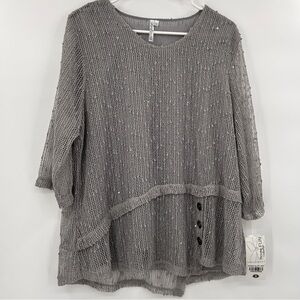 Lulu-B NWT‎ Womens 3/4 Sleeve Top Size Medium Gray Mesh Boho Artsy